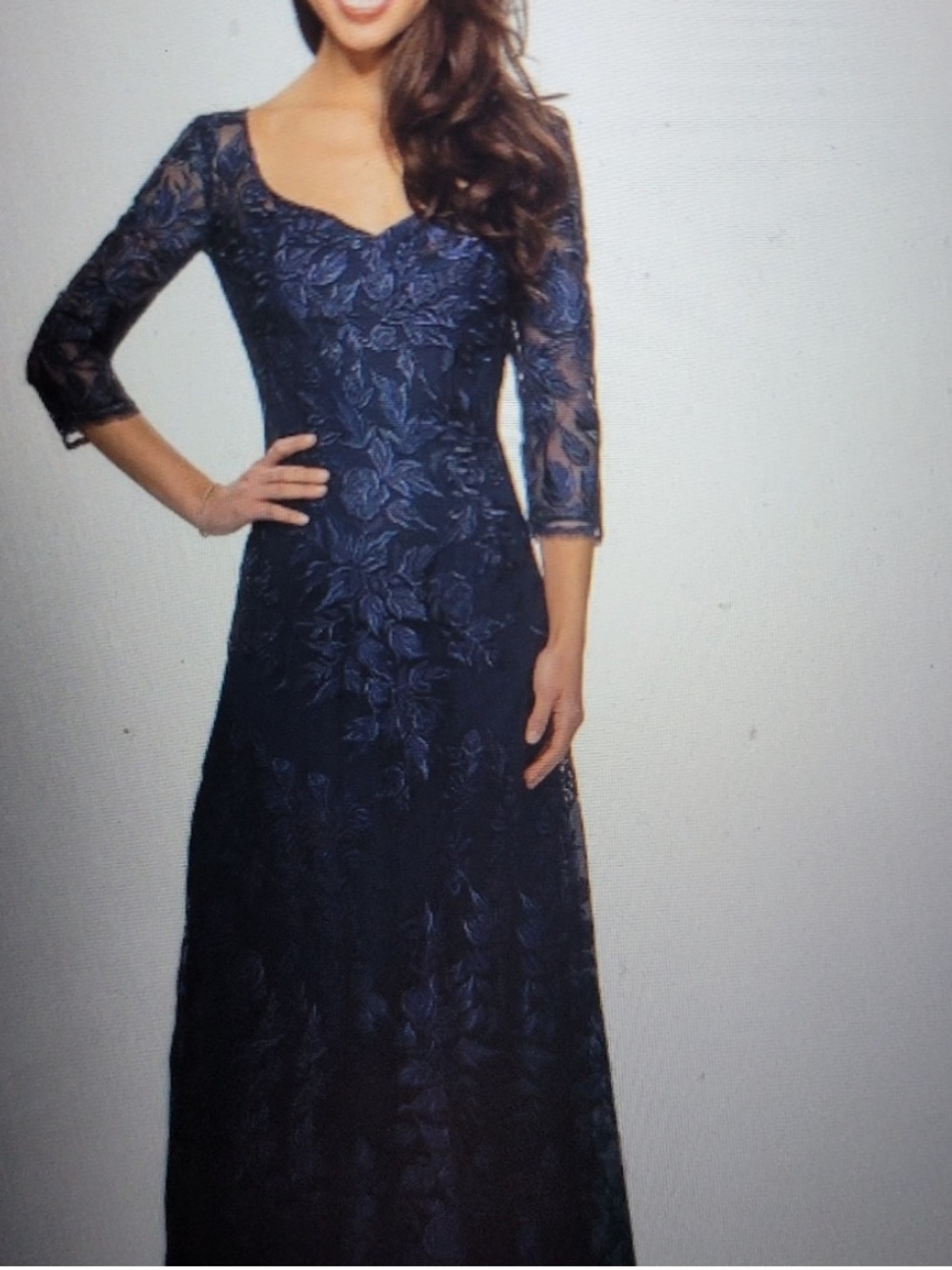 La Femme Navy Blue Lace Long Sleeve Evening Dress